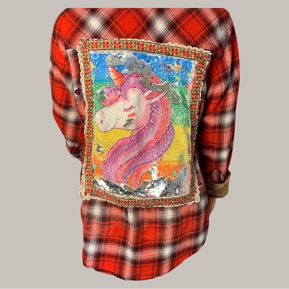Upcycled Tops - Upcycled Vibrant Red Plaid Unicorn Sequin Shirt